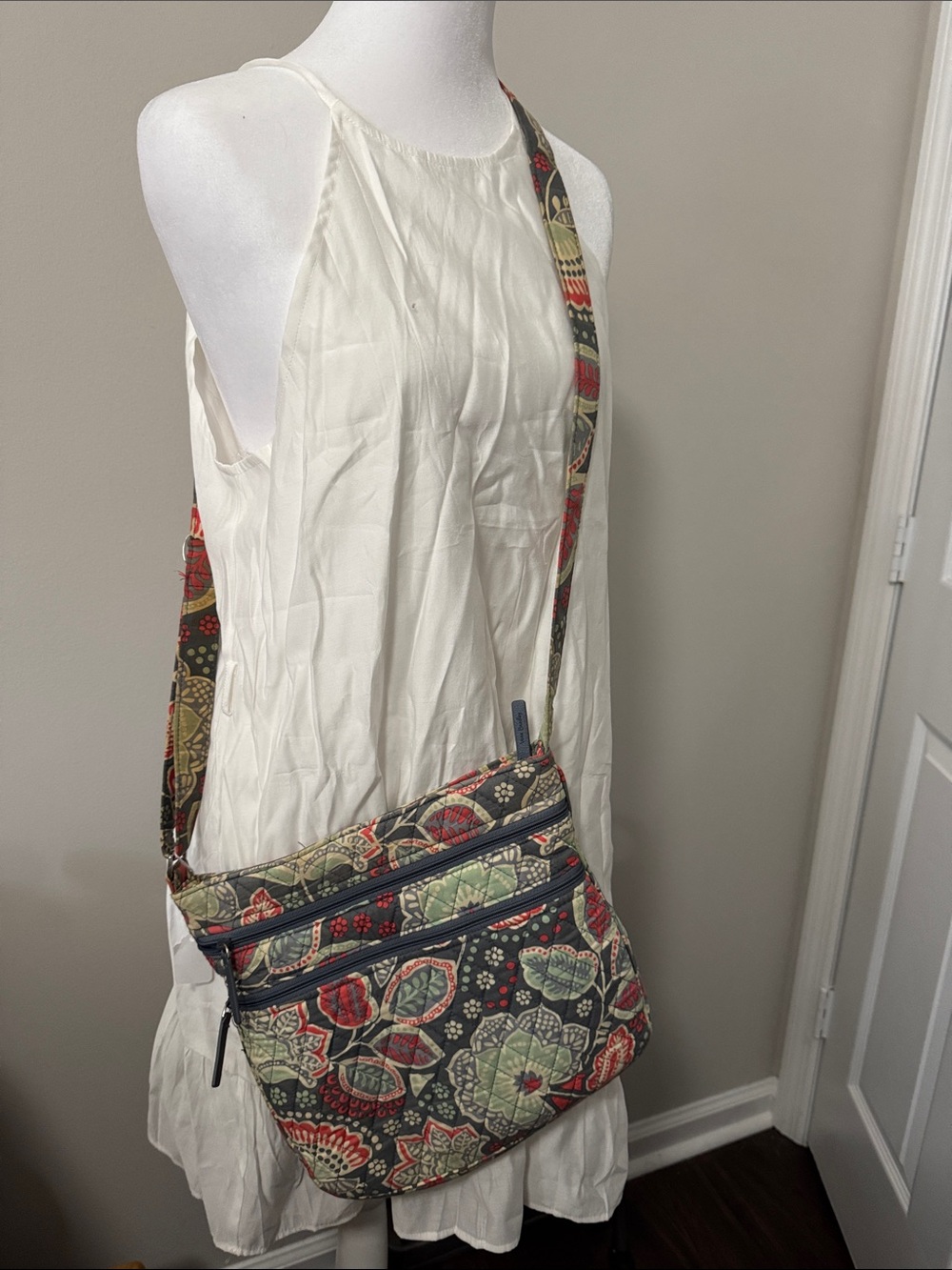 Vera Bradley Navy Floral Quilted Crossbody with Red & Green Motifs